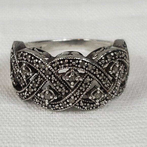 Vntg Braided Fine Ring Half Carat Total Wt Natural Diamond 925 Ring Sz 17mm